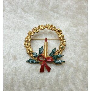 Vintage CS Marked Gold,Red,Green Gold Wreath W/Candle Brooch